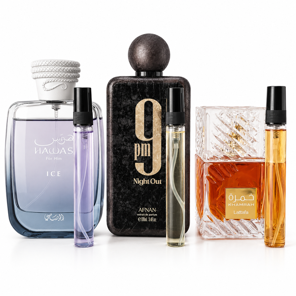 Combo Estaciones | Decants Originales 10 ml Hawas Ice, 9PM Night Out y Khamrah en Guatemala