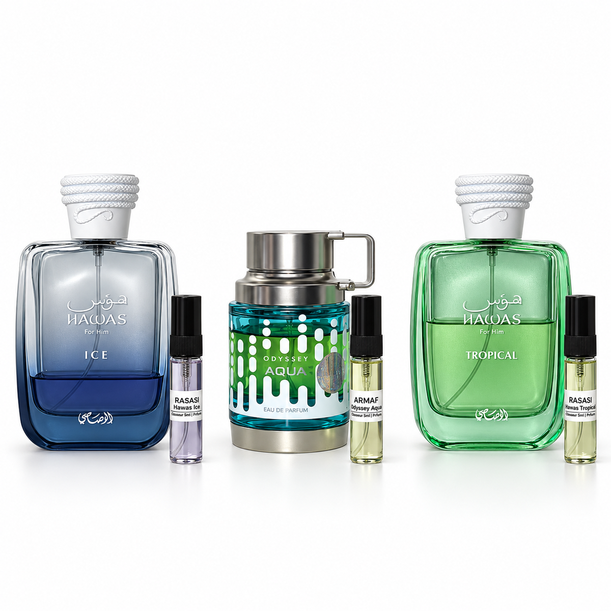 Combo Verano | Hawas Ice + Odyssey Aqua + Hawas Tropical | Decants Originales en Guatemala